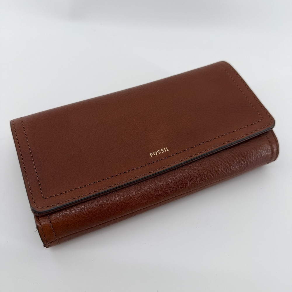 Fossil Logan Leather Trifold Clutch Wallet Cognac Brown SL7833